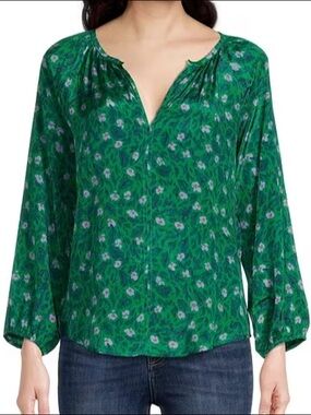 Roller Rabbit Green Floral Boho Peasant Blouse Size Small Lightweight Flowy Top